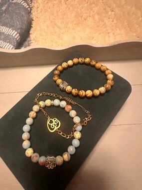 Mixed Bead Stackable Bracelet Set (3) - Light Blue, Tan, and Gold-Tone